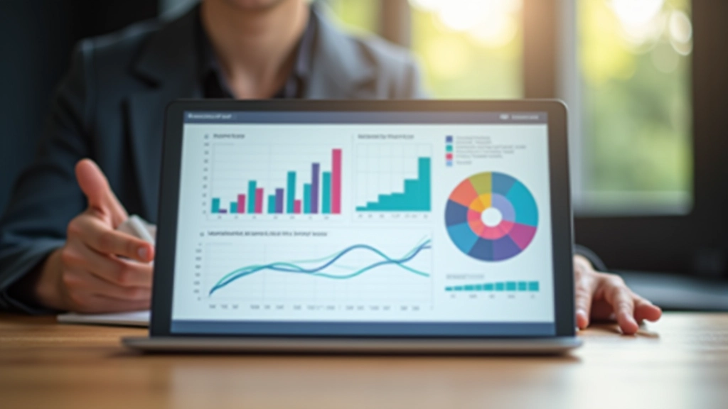 Statistik-Dashboard mit bunten Balkendiagrammen zeigt Ausgabenkategorien und prozentuale Verteilung auf Holzschreibtisch