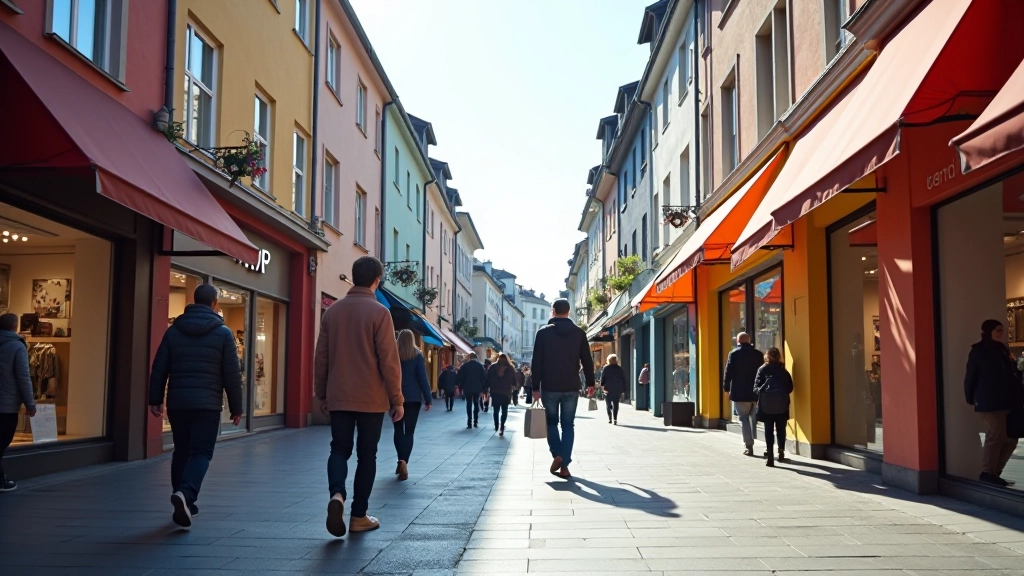 Bunte Stadtstraße in Stuttgart mit modernen Läden, Fußgängern und Architektur bei Tageslichz