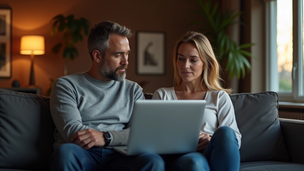 Paar sitzt auf der Couch, schaut gemeinsam auf einen Laptop mit Budget-Tabelle