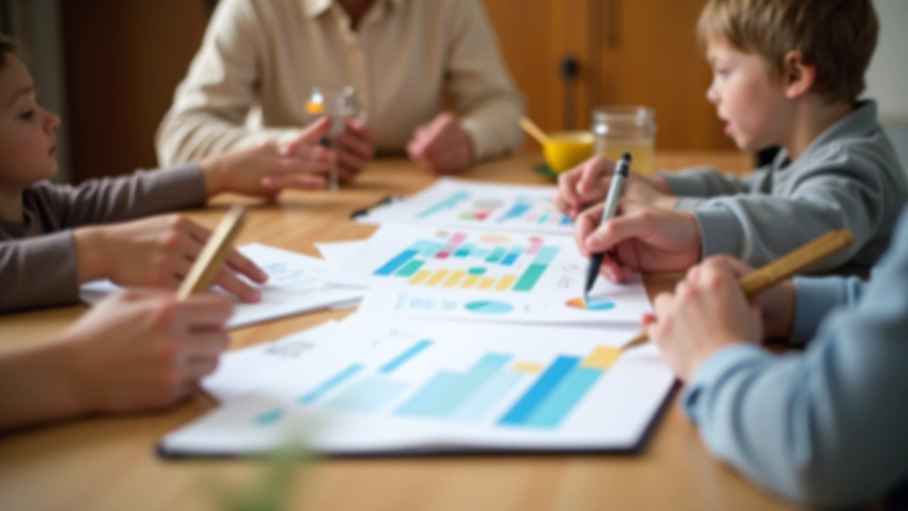 Familie sitzt am Esstisch und schaut gemeinsam auf ein Budget-Planner-Notizbuch mit bunten Diagrammen und Notizen