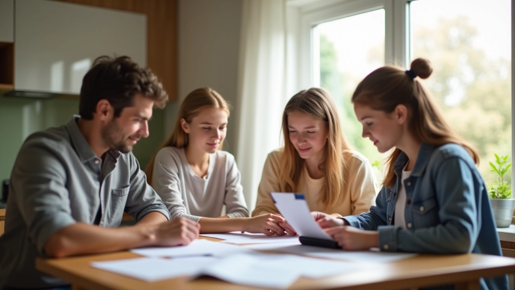 Mehrere Familienmitglieder sitzen am Küchentisch mit Rechnungen und Finanzpapieren, diskutieren gemeinsam