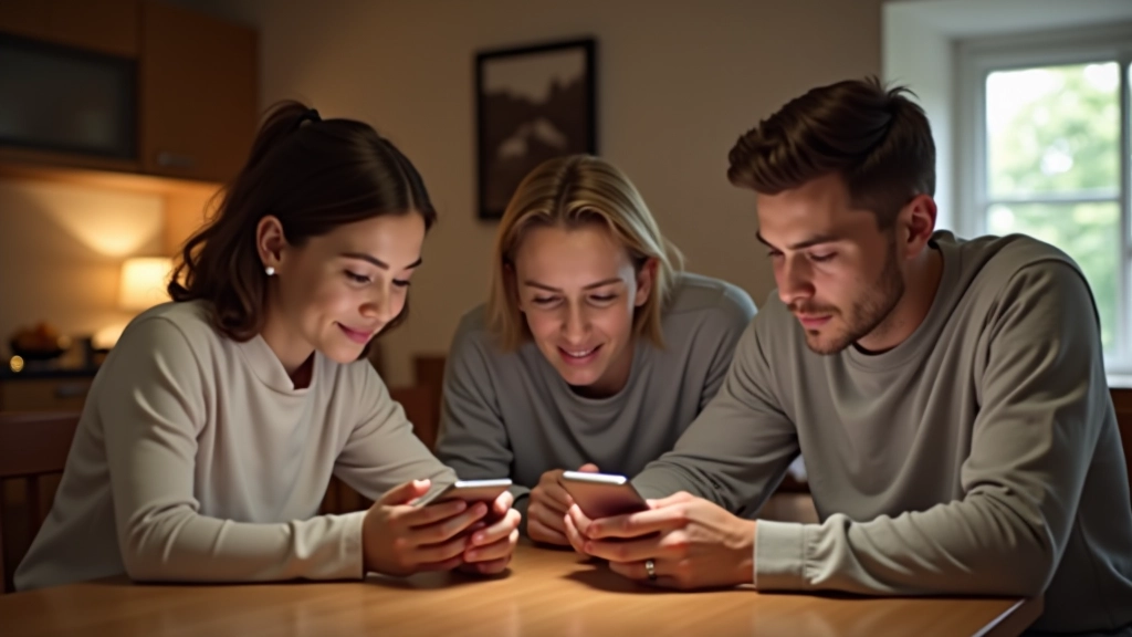 Familie sitzt zusammen am Esstisch, jedes Mitglied schaut auf sein Smartphone, Essen im Hintergrund