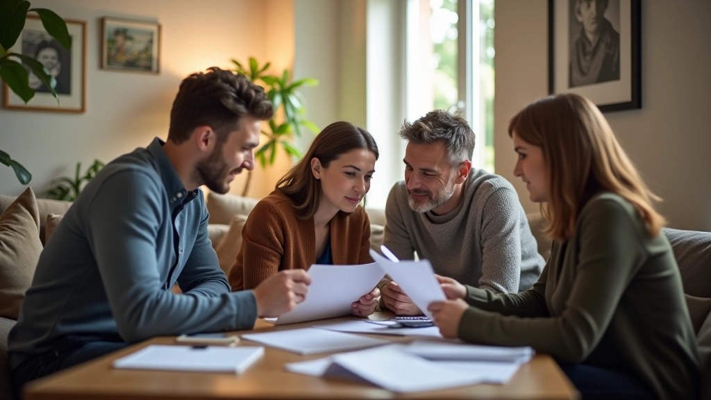 Familie sitzt zusammen im Wohnzimmer und diskutiert finanzielle Planung, mit Dokumenten und Laptop auf dem Couchtisch