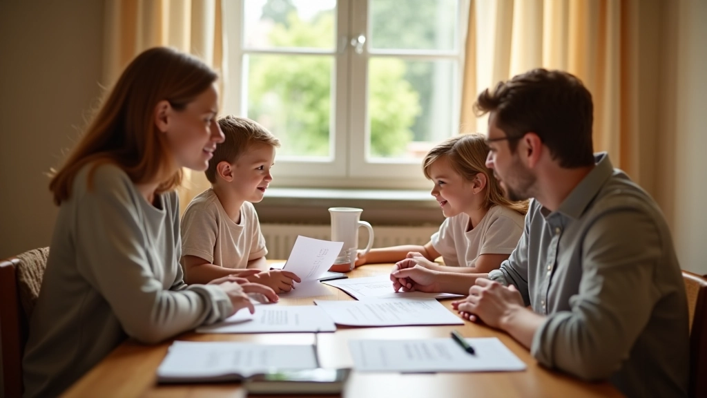 Familie sitzt zusammen und bespricht Finanzplanung mit Dokumenten und Laptop auf dem Tisch
