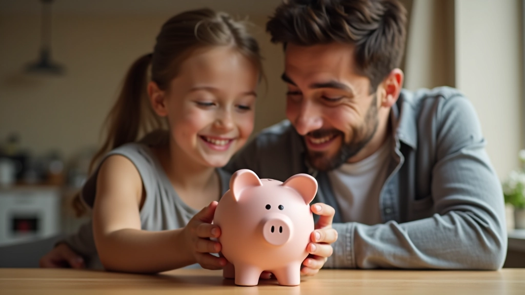 Vater und Kind schauen sich zusammen einen Geldschein oder Sparschwein an