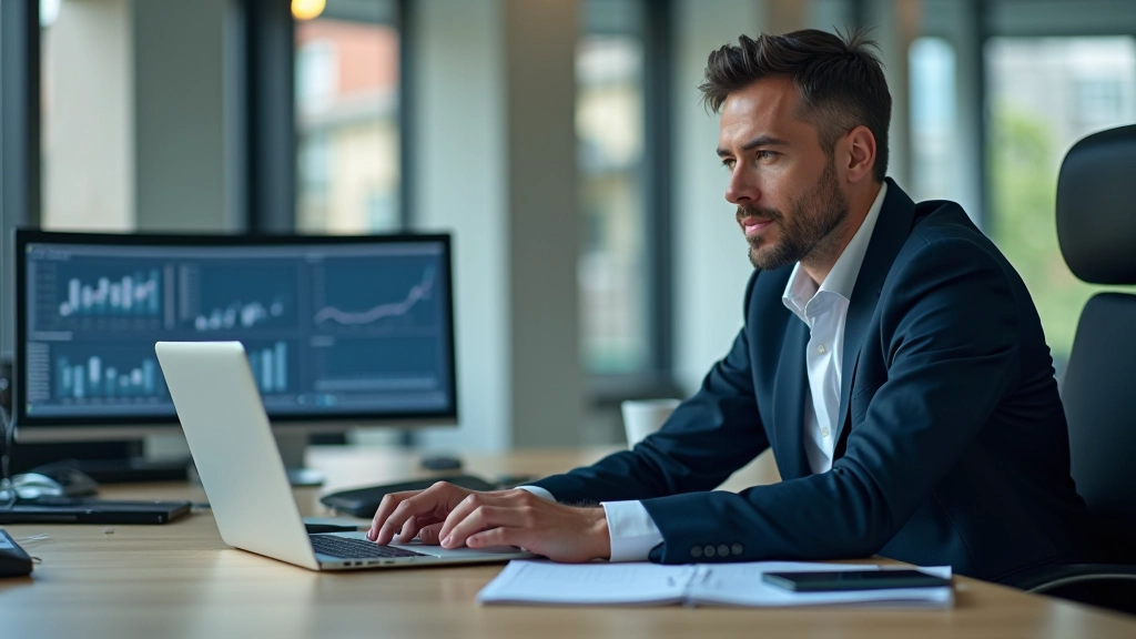 Geschäftsmann analysiert Finanzdiagramme auf einem modernen Laptop-Bildschirm in einem professionellen Büro