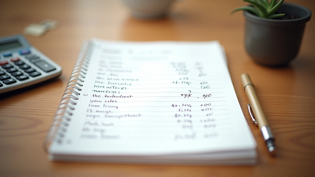 Papiernotizbuch mit handschriftlichen Finanznotizen liegt neben einem Taschenrechner und Stift auf einem Schreibtisch