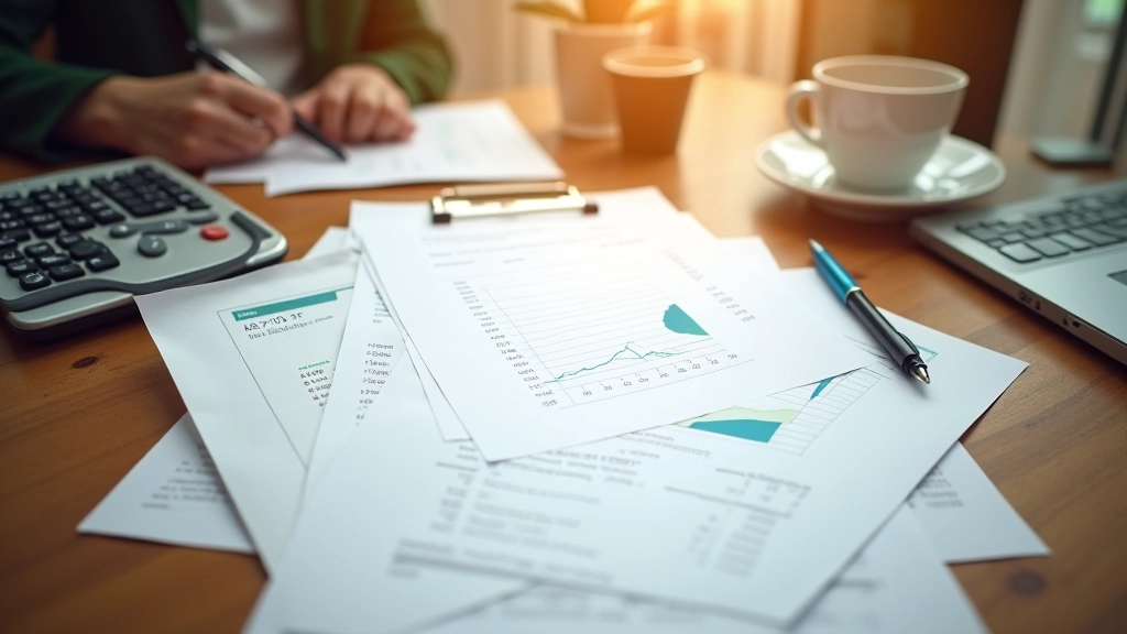 Overhead-Aufnahme eines Schreibtisches mit Finanzunterlagen, Kalkulator und Stift