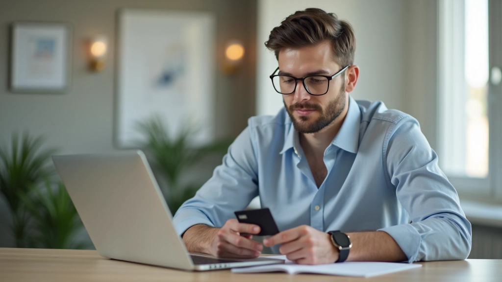 Person sitzt mit Laptop und Kreditkarte am Schreibtisch, überprüft ihr Kontoauszug, konzentriertes Gesicht