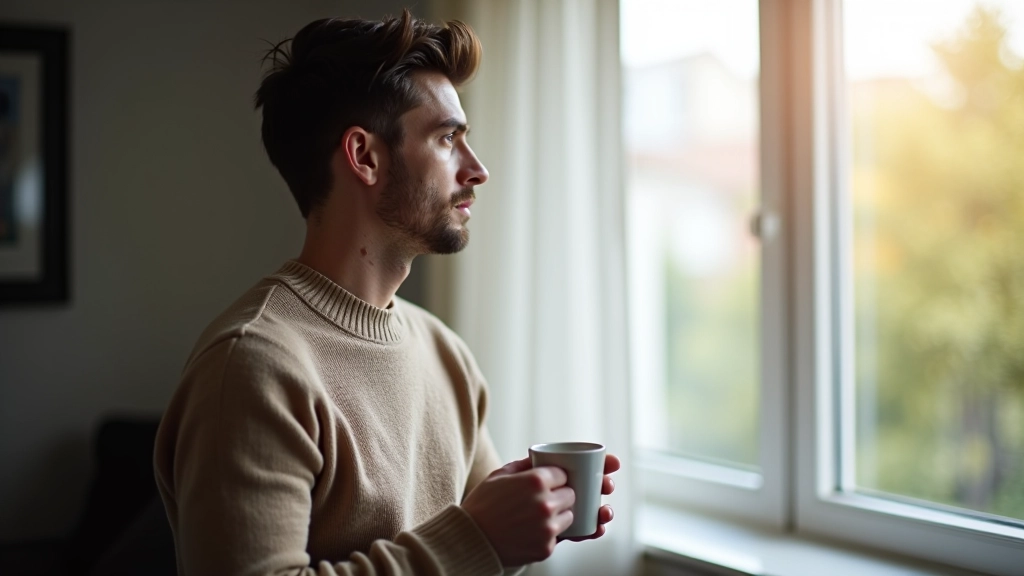 Person schaut nachdenklich aus dem Fenster, mit Tasse Kaffee in der Hand, helles Wohnzimmer mit modernem Einrichtung