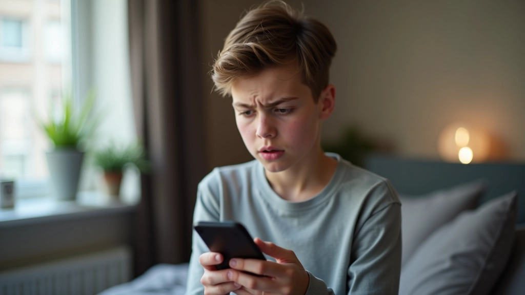 Teenager schaut skeptisch auf ein Smartphone mit Shopping-App