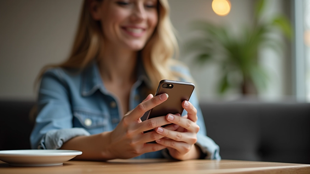 Junge Frau schaut auf ihr Smartphone, während sie in einem Café sitzt und einen Kaffee trinkt